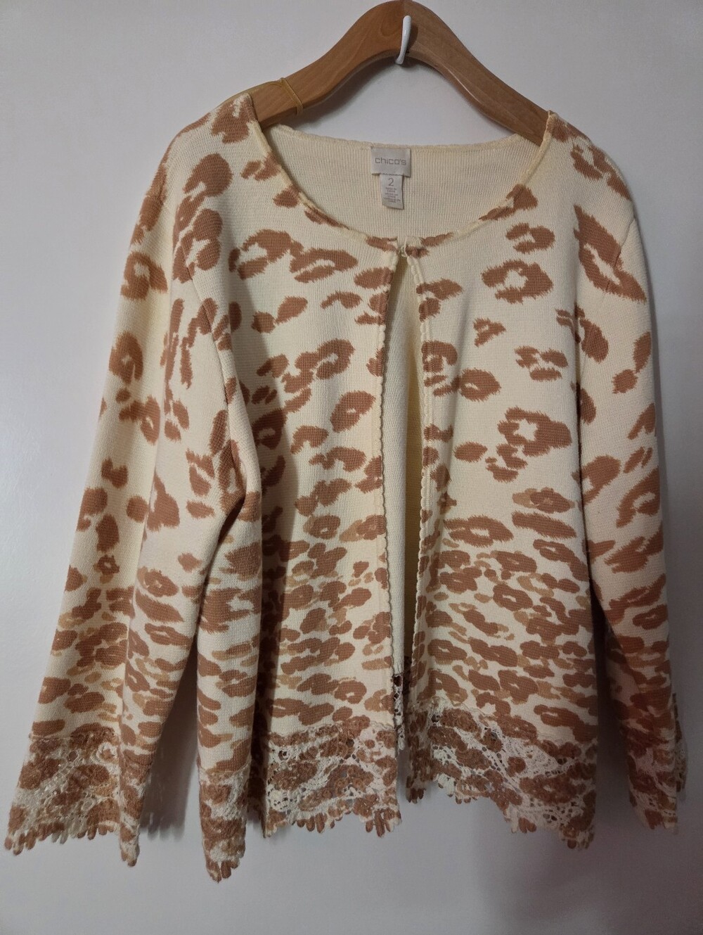 Chico's Cream and Tan Leopard Lace-Trim Open Cardigan